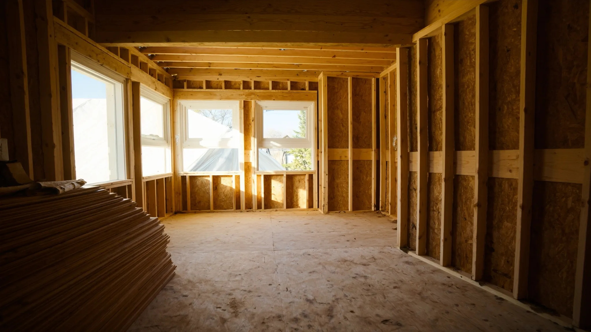 Freshly framed room addition interior with morning light through the stud walls